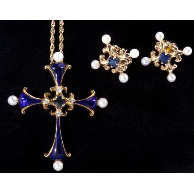 enamel-diamond-and-pearl-cross-and-earrings