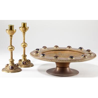 brass-compote-and-candlesticks-inset-with-agate