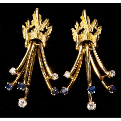 gold-diamond-and-sapphire-drop-pendant-earrings