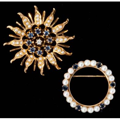 two-vintage-pearl-sapphire-and-diamond-brooches