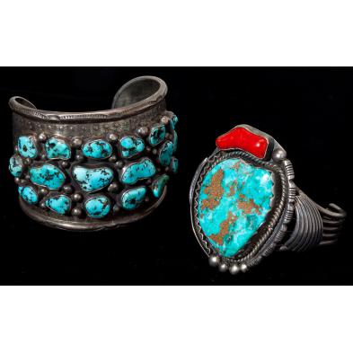 two-navajo-silver-and-turquoise-cuff-bracelets