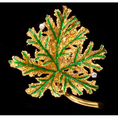 gold-enamel-and-diamond-leaf-brooch