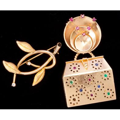 two-pieces-gold-vintage-gem-and-diamond-brooches