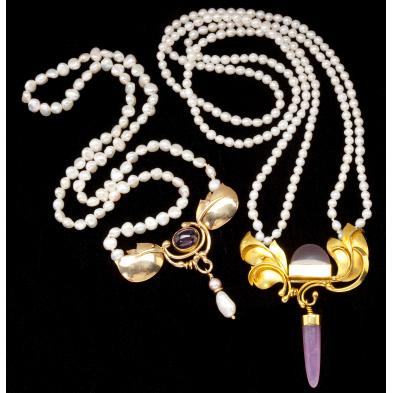 two-artist-made-gold-gem-set-and-pearl-necklaces
