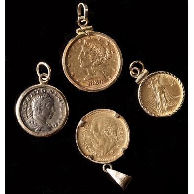 three-gold-coins-and-one-roman-coin-in-bezels