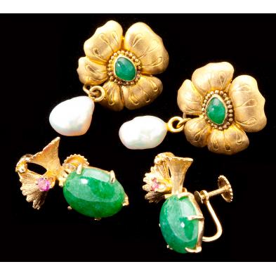 two-pairs-of-gold-and-gem-set-earrings