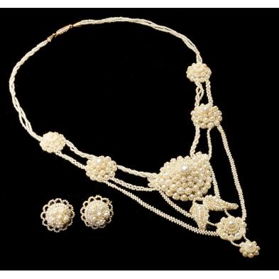 Victorian Seed Pearl Cluster Necklace and Earrings (Lot 406 - The