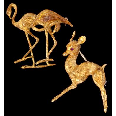 two-gold-and-gem-set-animal-brooches