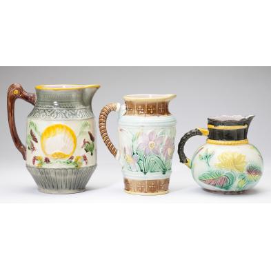three-19th-century-majolica-pitchers