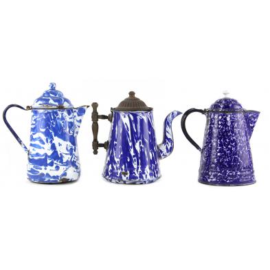 group-of-three-graniteware-coffee-pots