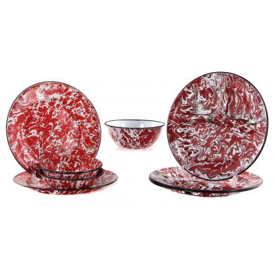 group-of-eight-red-and-white-graniteware-plates