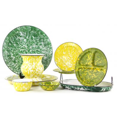 nine-pieces-of-rare-yellow-and-green-graniteware