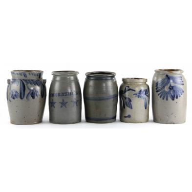 group-of-five-stoneware-canning-jars