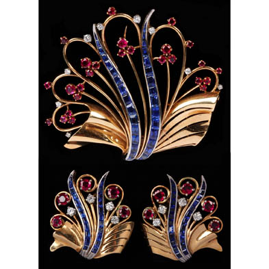 sapphire-ruby-diamond-brooch-and-ear-clips