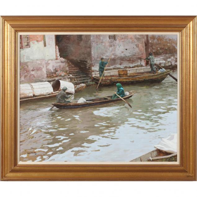 xue-jian-xin-chinese-am-b-1954-canal-scene-with-sampans