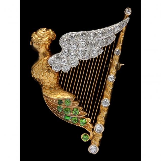 vintage-diamond-and-tsavorite-harp-brooch