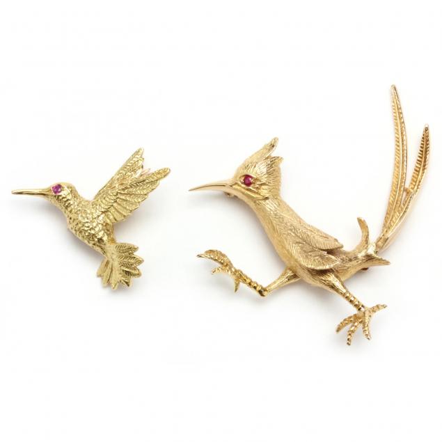 two-whimsical-gold-and-gem-bird-brooches