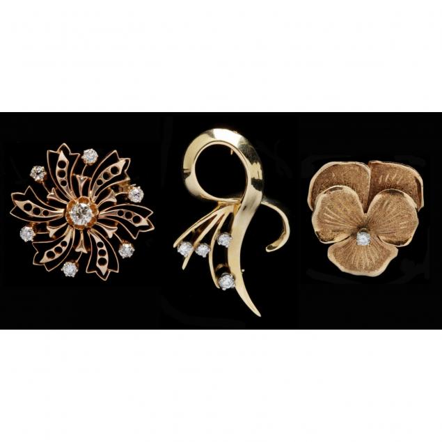 three-14kt-gold-and-diamond-brooches