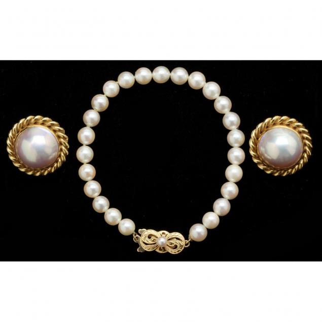 18kt-mabe-pearl-ear-clips-and-a-mikimoto-pearl-bracelet