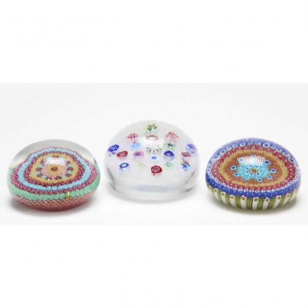 three-baccarat-millefiori-crystal-paperweights