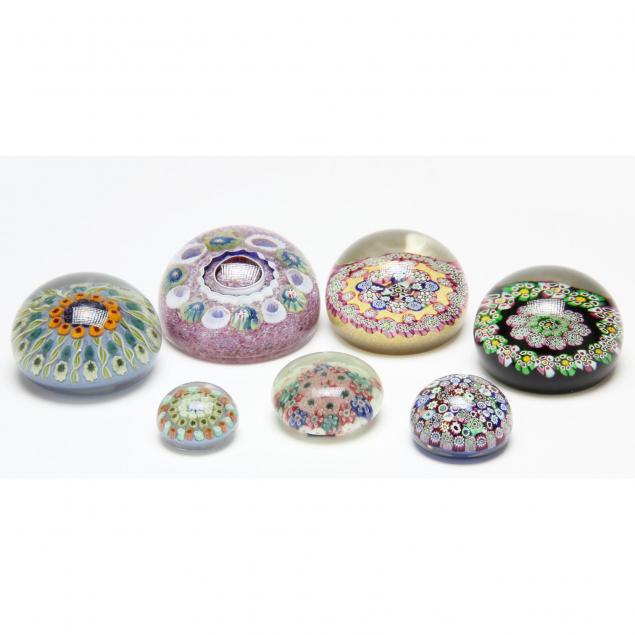 seven-millefiori-art-glass-paperweights