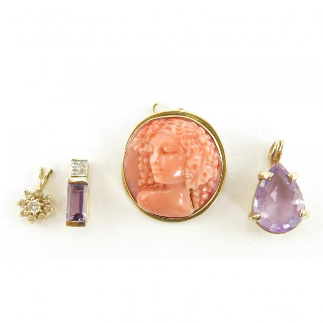 three-pendants-and-a-coral-brooch-pendant