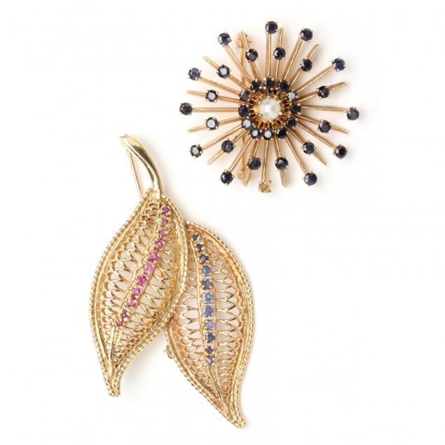 two-14kt-gem-set-brooches