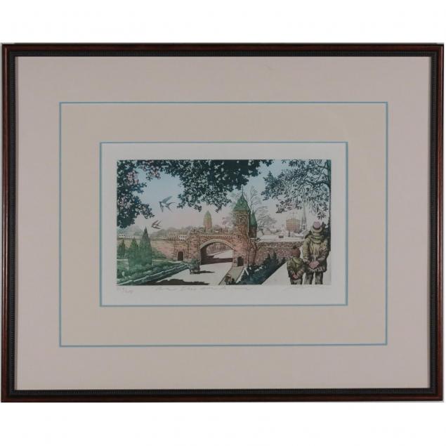 artists-signed-etching-of-figures-outside-a-walled-city