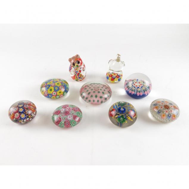 nine-millefiori-glass-paperweights