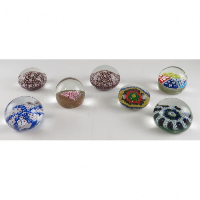 seven-millefiori-glass-paperweights