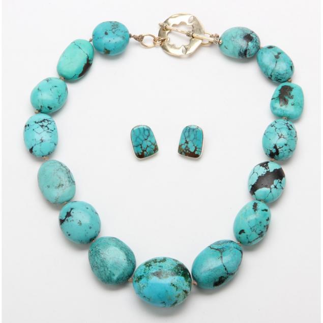 turquoise-and-sterling-choker-necklace-and-earrings