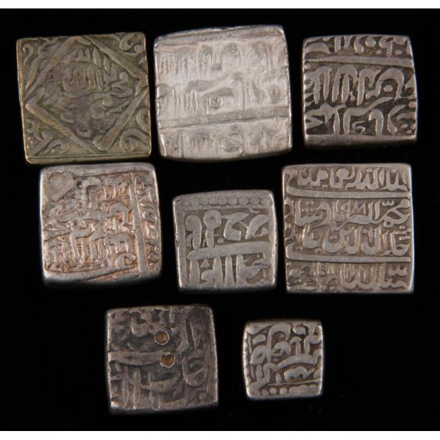 mughal-empire-lot-of-eight-square-silver-coins