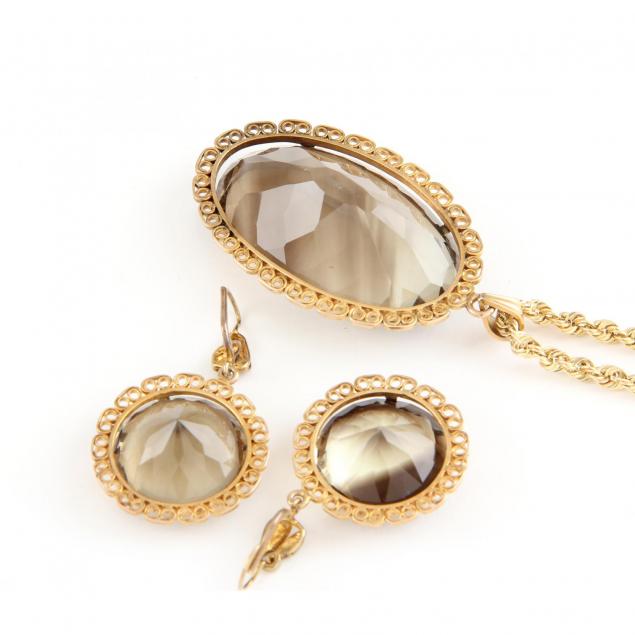 14kt-gold-smoky-quartz-pendant-and-ear-clips