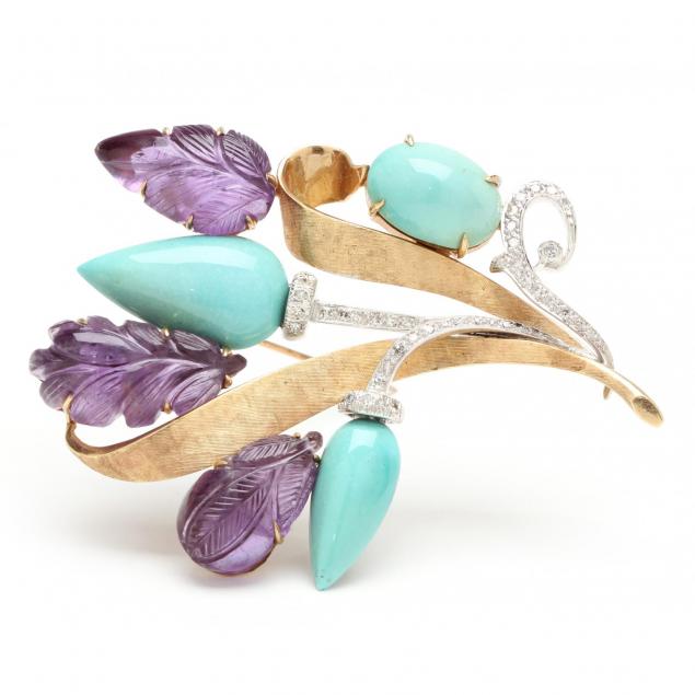 14kt-turquoise-amethyst-and-diamond-brooch