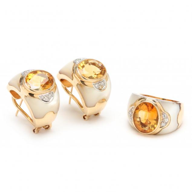 citrine-diamond-and-mother-of-pearl-ring-and-ear-clips