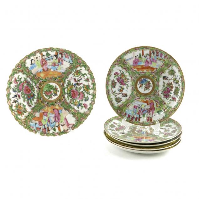 six-19th-century-chinese-export-porcelain-rose-medallion-plates