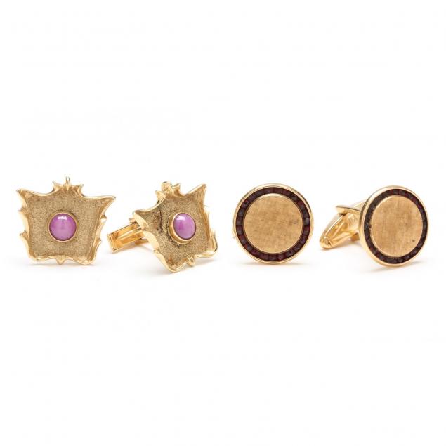 two-pair-14kt-yellow-gold-and-gemstone-cufflinks-signed