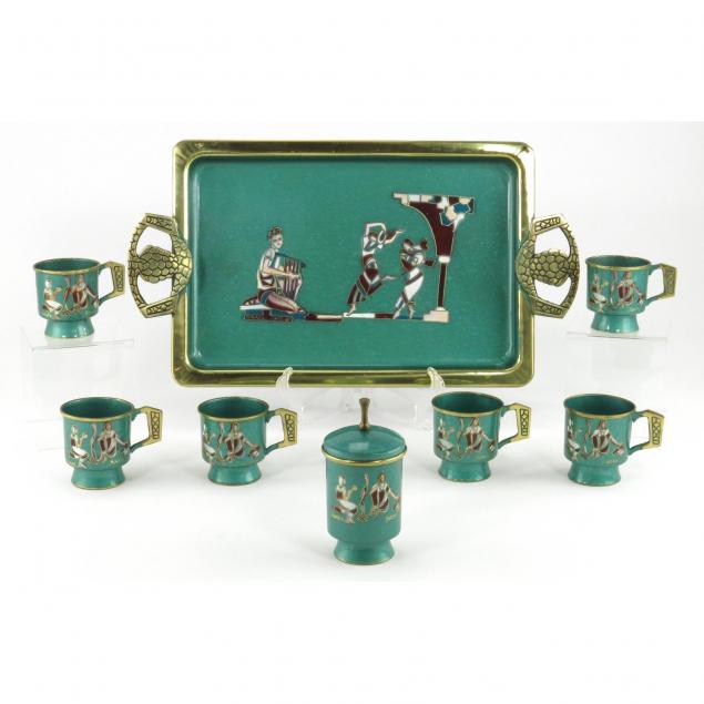 enamel-on-brass-serving-set