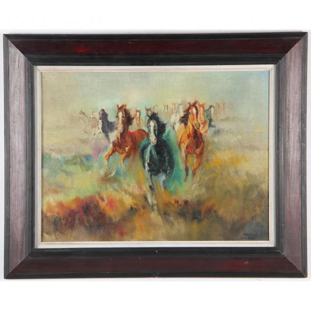 mid-century-painting-of-a-horse-stampede