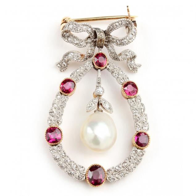 edwardian-platinum-topped-gold-ruby-diamond-and-natural-pearl-brooch
