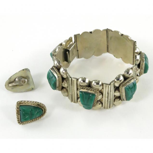 mexican-sterling-silver-and-carved-green-stone-bracelet-and-earrings