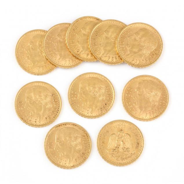 ten-uncirculated-mexican-1919-2-1-2-peso-gold-coins