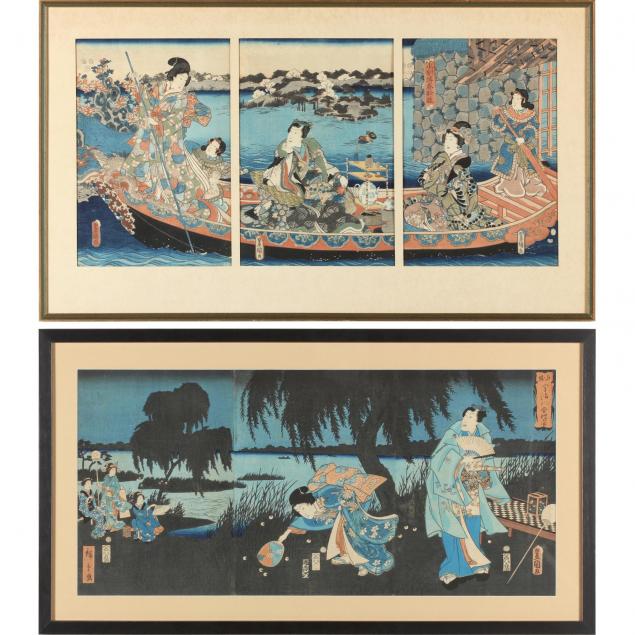 two-antique-japanese-woodblock-triptychs-of-prince-genji