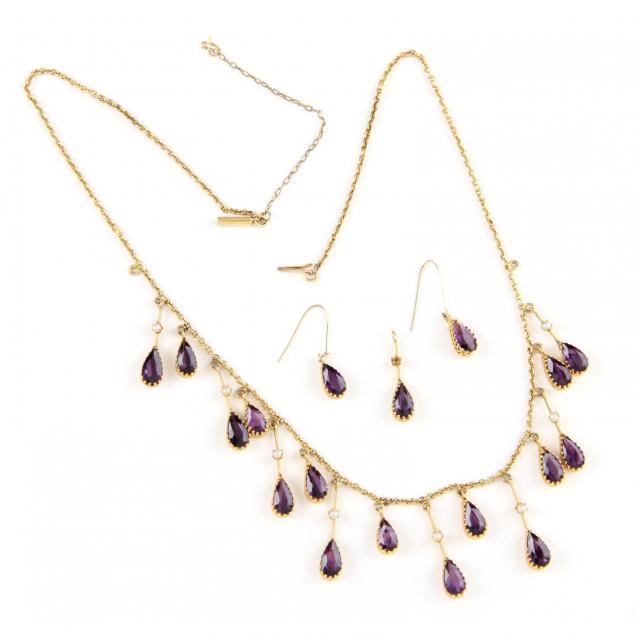 vintage-gold-amethyst-and-seed-pearl-necklace-and-earrings
