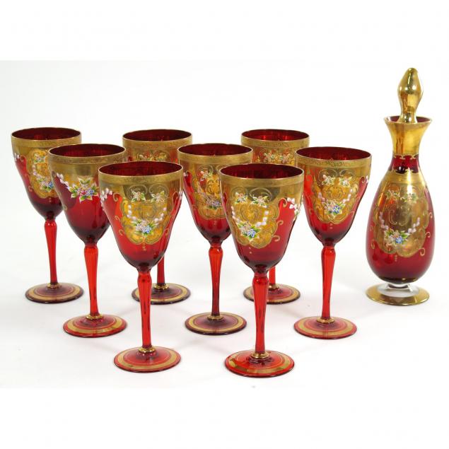 italian-pigeon-blood-glass-decanter-and-goblets