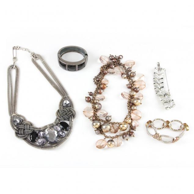 five-pieces-of-silver-toned-contemporary-and-vintage-costume-jewelry