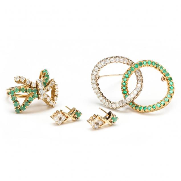 emerald-and-diamond-brooch-ring-and-earrings