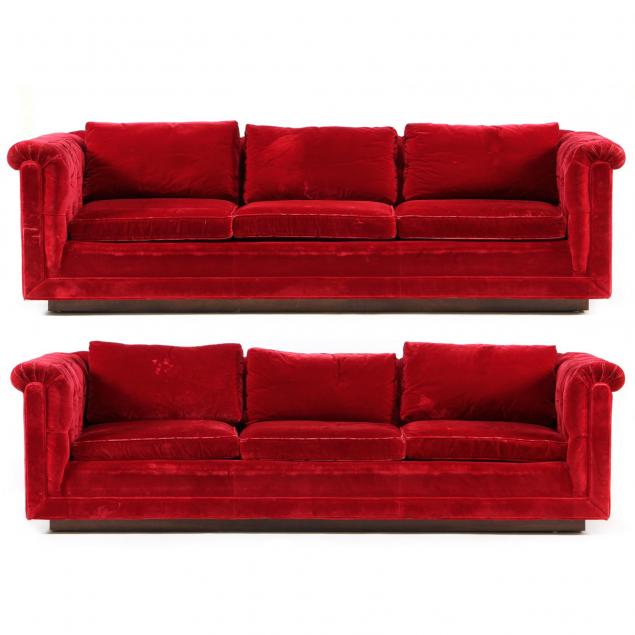 pair-of-modernist-red-velvet-chesterfield-sofas