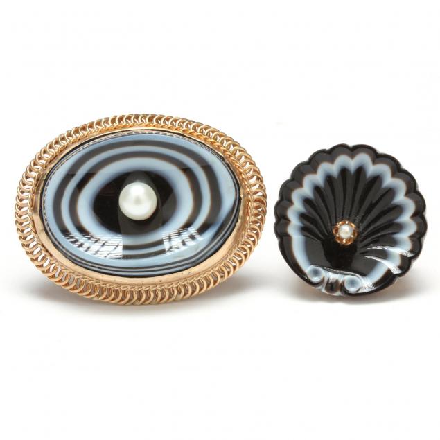 two-victorian-14kt-banded-agate-and-pearl-brooches