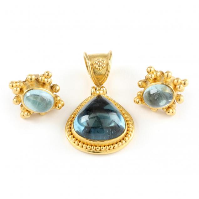 gold-and-tourmaline-pendant-and-aquamarine-earrings-bikakis-johns